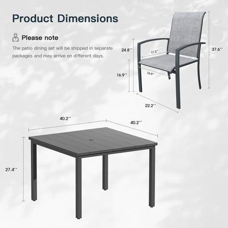 Vicllax 5 Pieces Outdoor Dining Set, Patio Square Metal Table and Skyline Stackable Chair