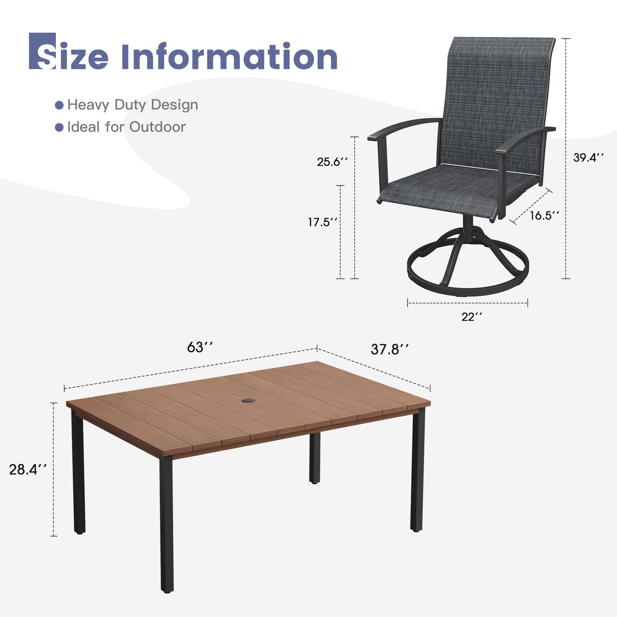 Vicllax 7 pcs Outdoor Dining Set,  Rectangular Metal Table and 6 Textilene Swivel Dining Chairs