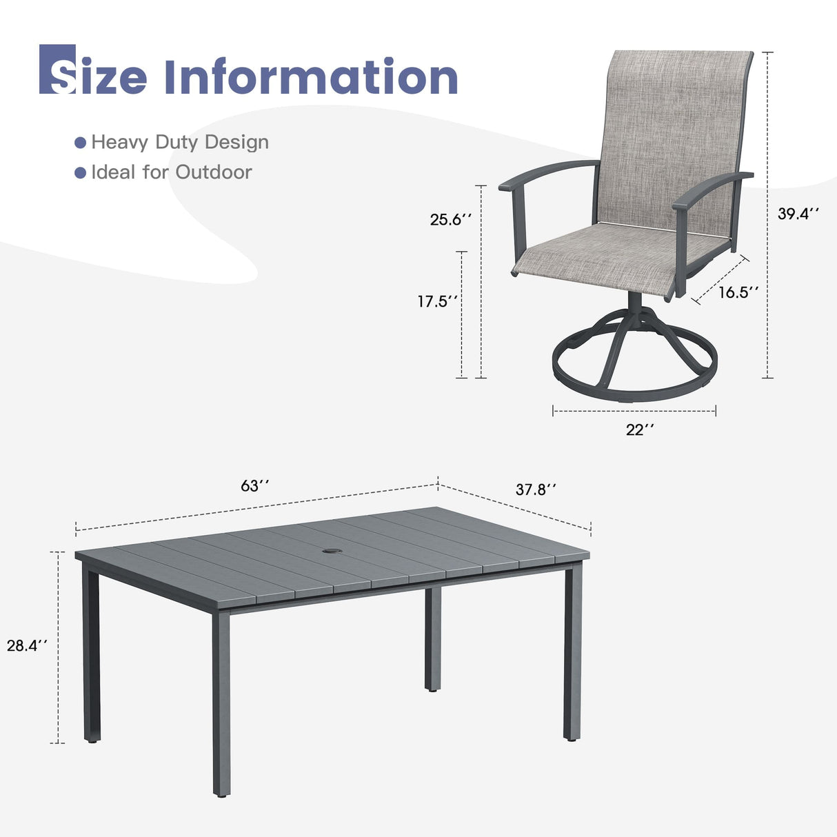 Vicllax 7 pcs Outdoor Dining Set,  Rectangular Metal Table and 6 Textilene Swivel Dining Chairs