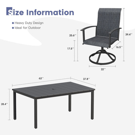 Vicllax 7 pcs Outdoor Dining Set,  Rectangular Metal Table and 6 Textilene Swivel Dining Chairs