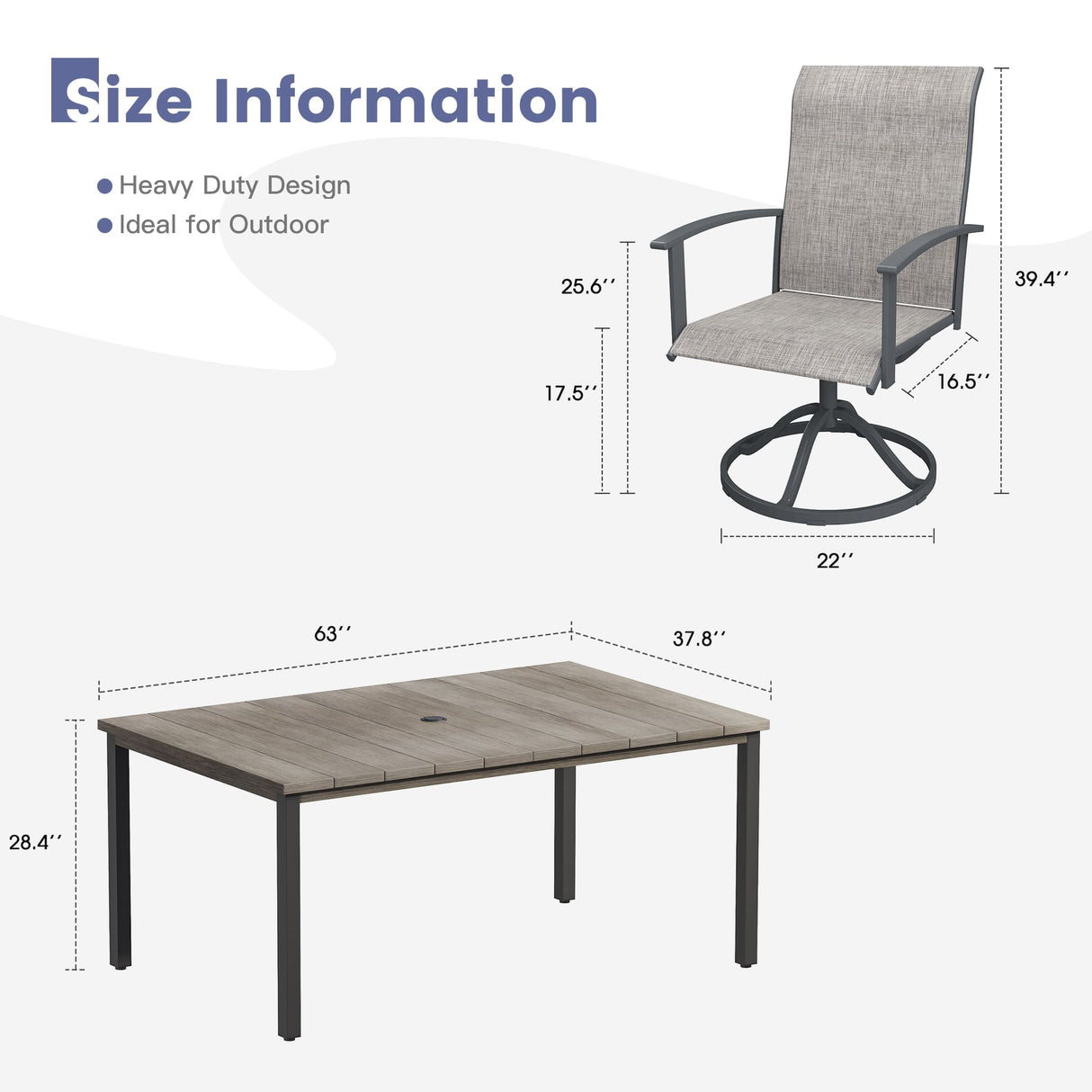 Vicllax 7 pcs Outdoor Dining Set,  Rectangular Metal Table and 6 Textilene Swivel Dining Chairs