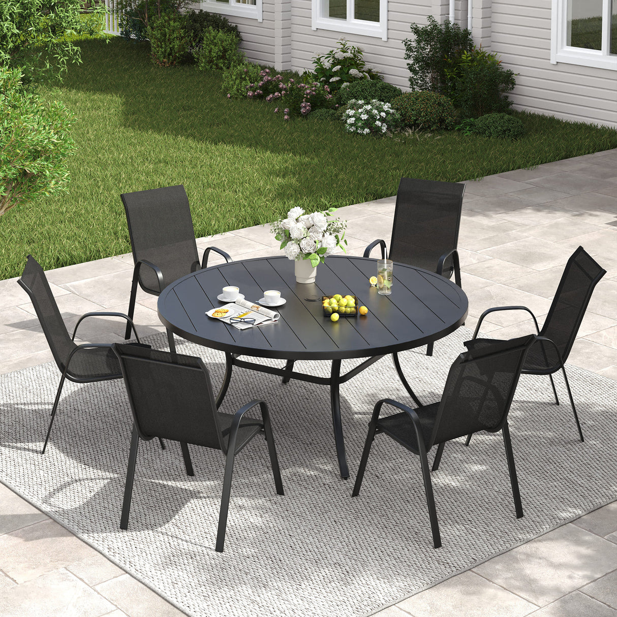 Vicllax 7-Piece Outdoor Dining Set, 50” Round Metal Table and Horizon Stackable Chair