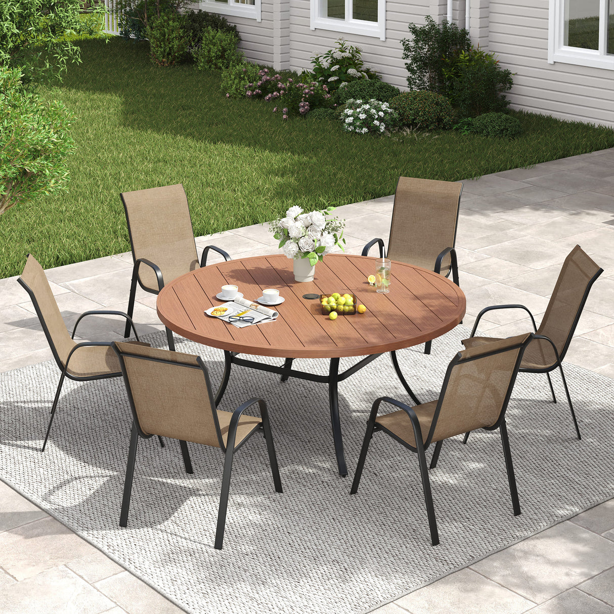 Vicllax 7-Piece Outdoor Dining Set, 50” Round Metal Table and Horizon Stackable Chair