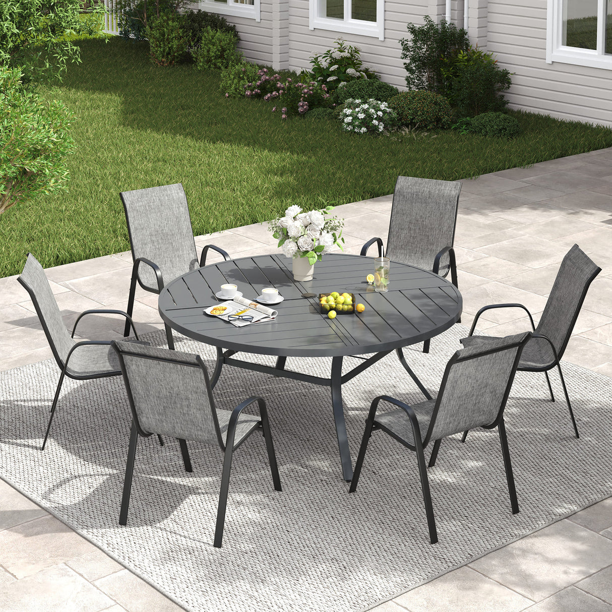 Vicllax 7 PCS Patio Dining Table Set, 50" Round Metal Table and Horizon Stackable Chair