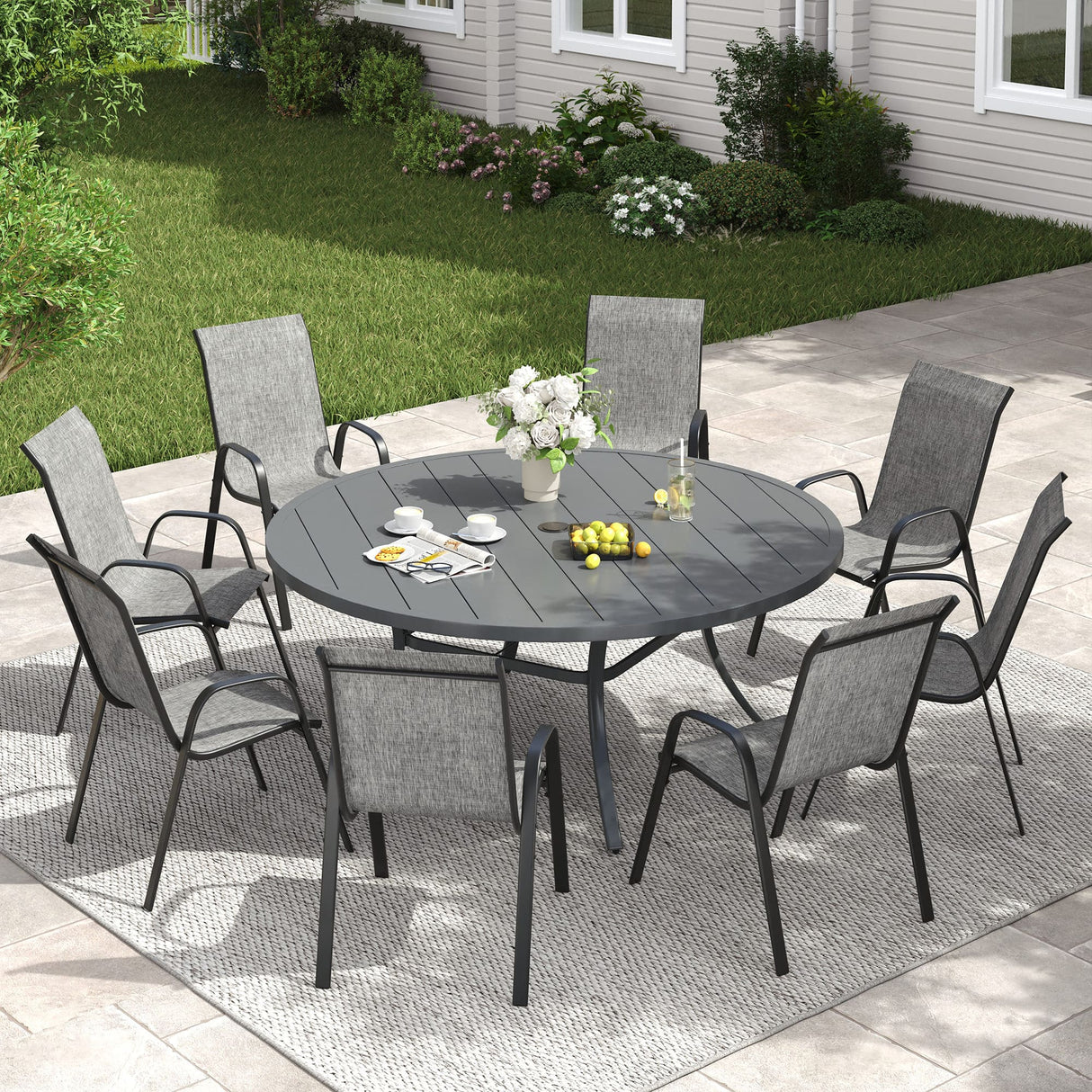 Vicllax 9 PCS Patio Dining Table Set, 53" Round Metal Table and Horizon Stackable Chair