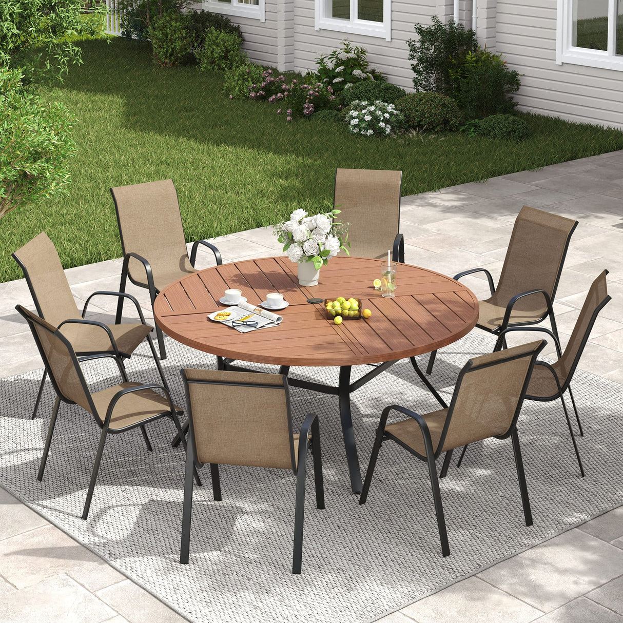 Vicllax 9 PCS Patio Dining Table Set, 53" Round Metal Table and Horizon Stackable Chair