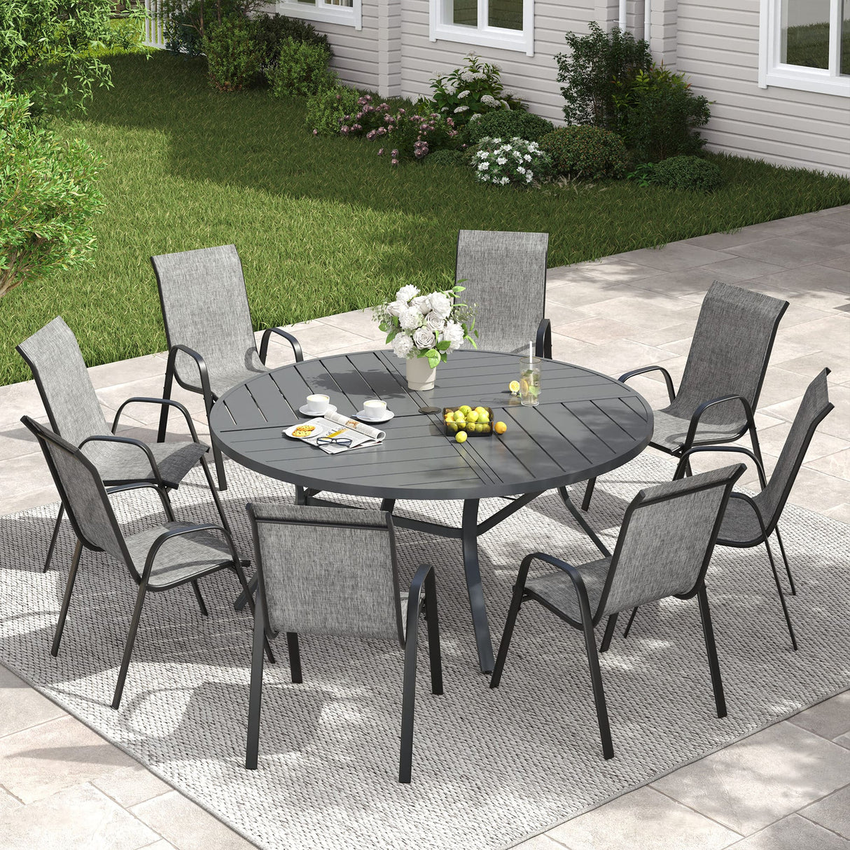 Vicllax 9 PCS Patio Dining Table Set, 53" Round Metal Table and Horizon Stackable Chair