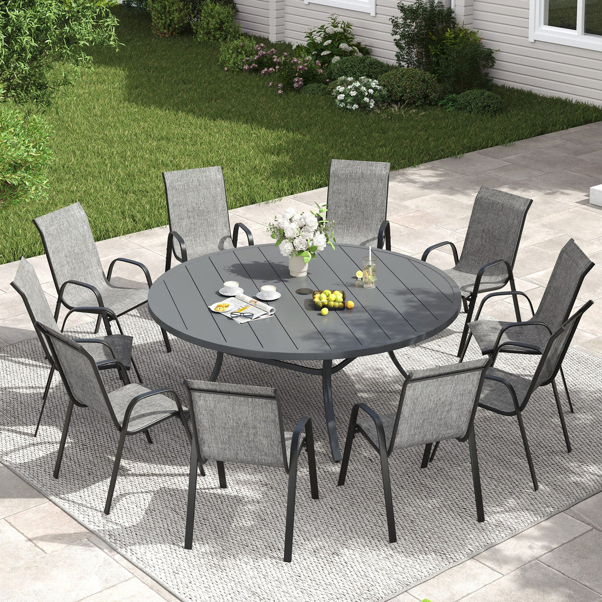 Vicllax 11 PCS Patio Dining Table Set, 60" Round Metal Table and Horizon Stackable Chair