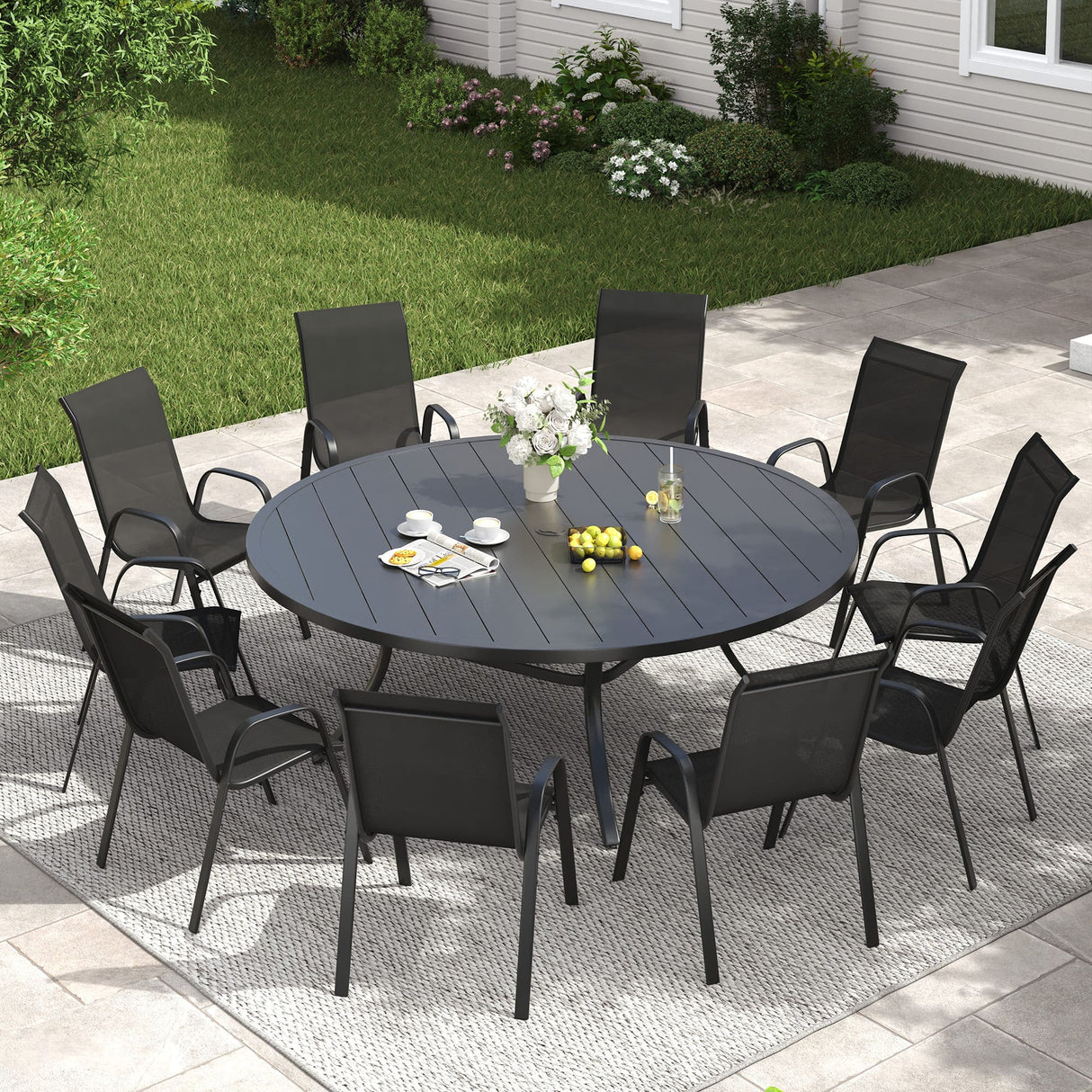 Vicllax 11 PCS Patio Dining Table Set, 63" Round Metal Table and Horizon Stackable Chair