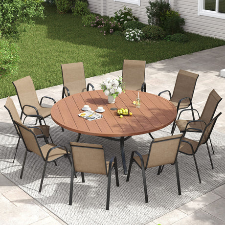 Vicllax 11 PCS Patio Dining Table Set, 63" Round Metal Table and Horizon Stackable Chair
