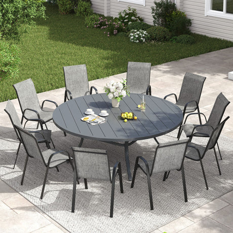 Vicllax 11 PCS Patio Dining Table Set, 63" Round Metal Table and Horizon Stackable Chair