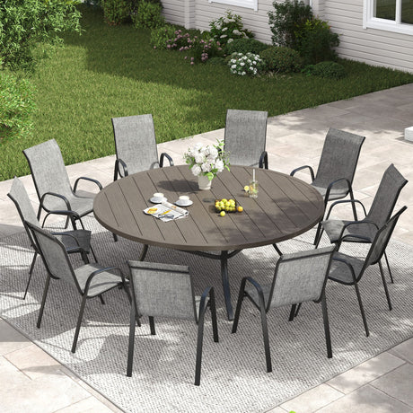 Vicllax 11 PCS Patio Dining Table Set, 63" Round Metal Table and Horizon Stackable Chair