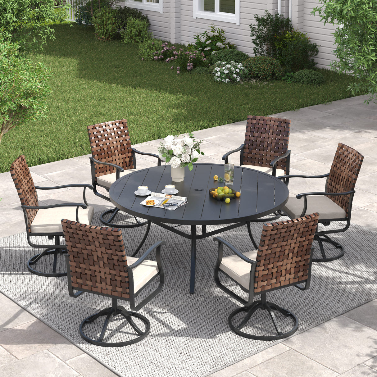Vicllax 7 PCS Patio Dining Table Set, 50" Round Metal Table and Sienna Swivel Chairs