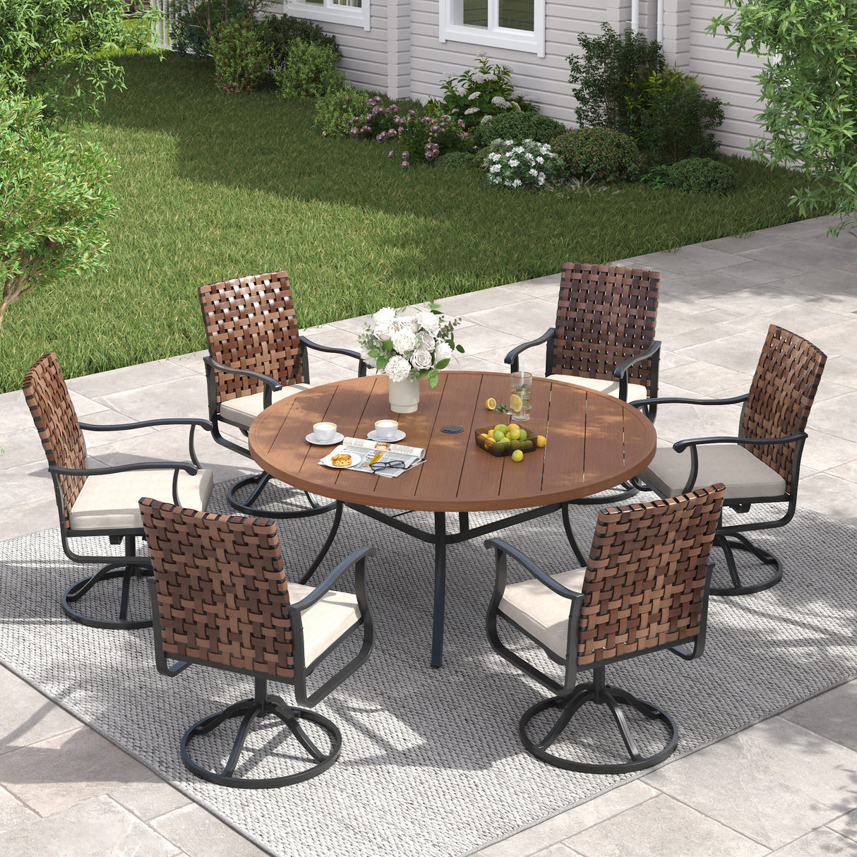 Vicllax 7 PCS Patio Dining Table Set, 50" Round Metal Table and Sienna Swivel Chairs