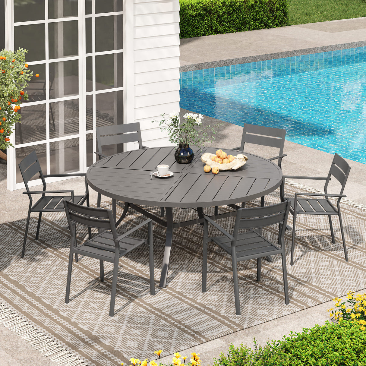 Vicllax 7 Pieces Outdoor Dining Set with 50" Round Metal Table and Armrest Chairs