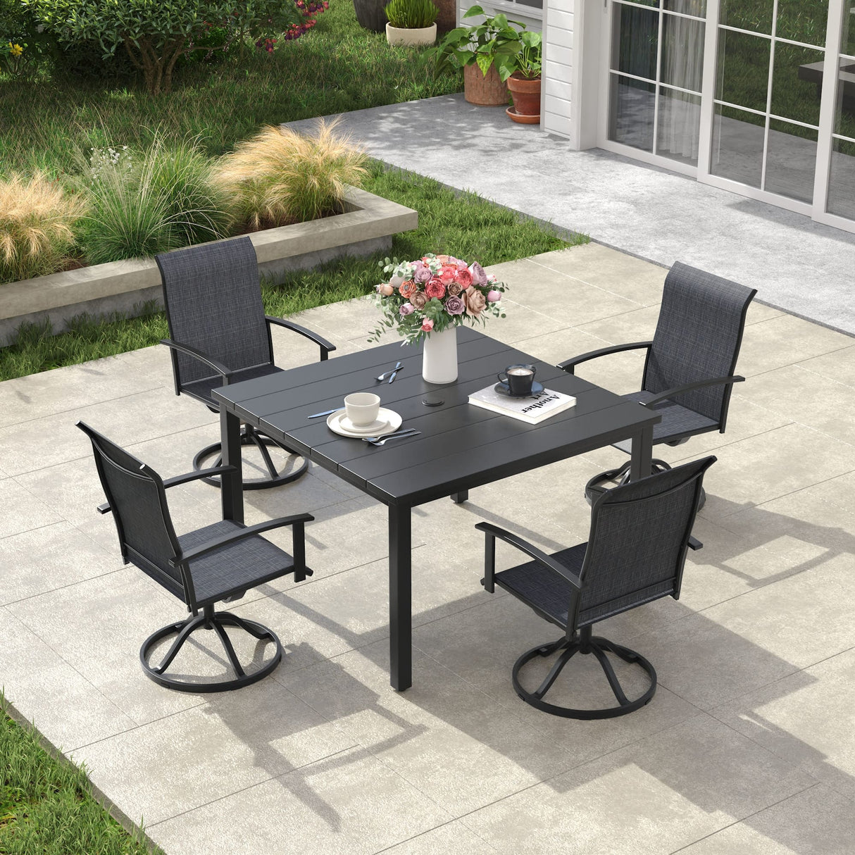 Vicllax 5pcs Outdoor Dining Set,  Square Metal Table and 4 Textilene Swivel  Chairs