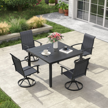 Vicllax 5pcs Outdoor Dining Set,  Square Metal Table and 4 Textilene Swivel  Chairs