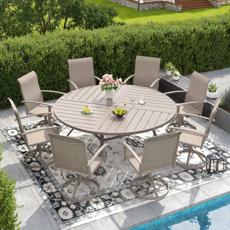 VICLLAX 9-pcs Outdoor Dining Set, 63” Round Metal Table with Umbrella Hole & 8 Swivel Textilene Chairs