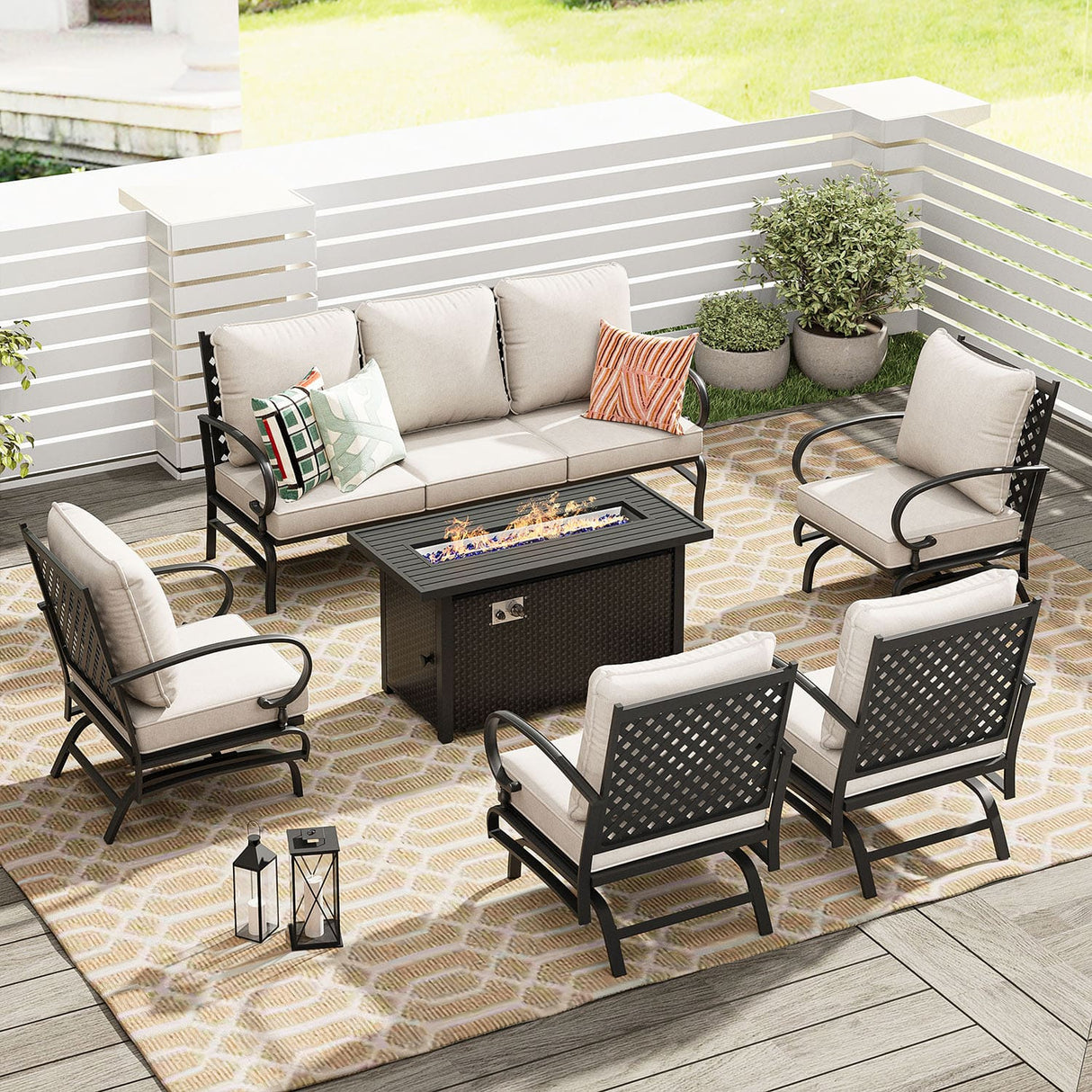 Vicllax 6-Piece Outdoor Patio Conversation Sofa Set with Cushioned Sofa Chairs and Metal Rectangular Fire Pit