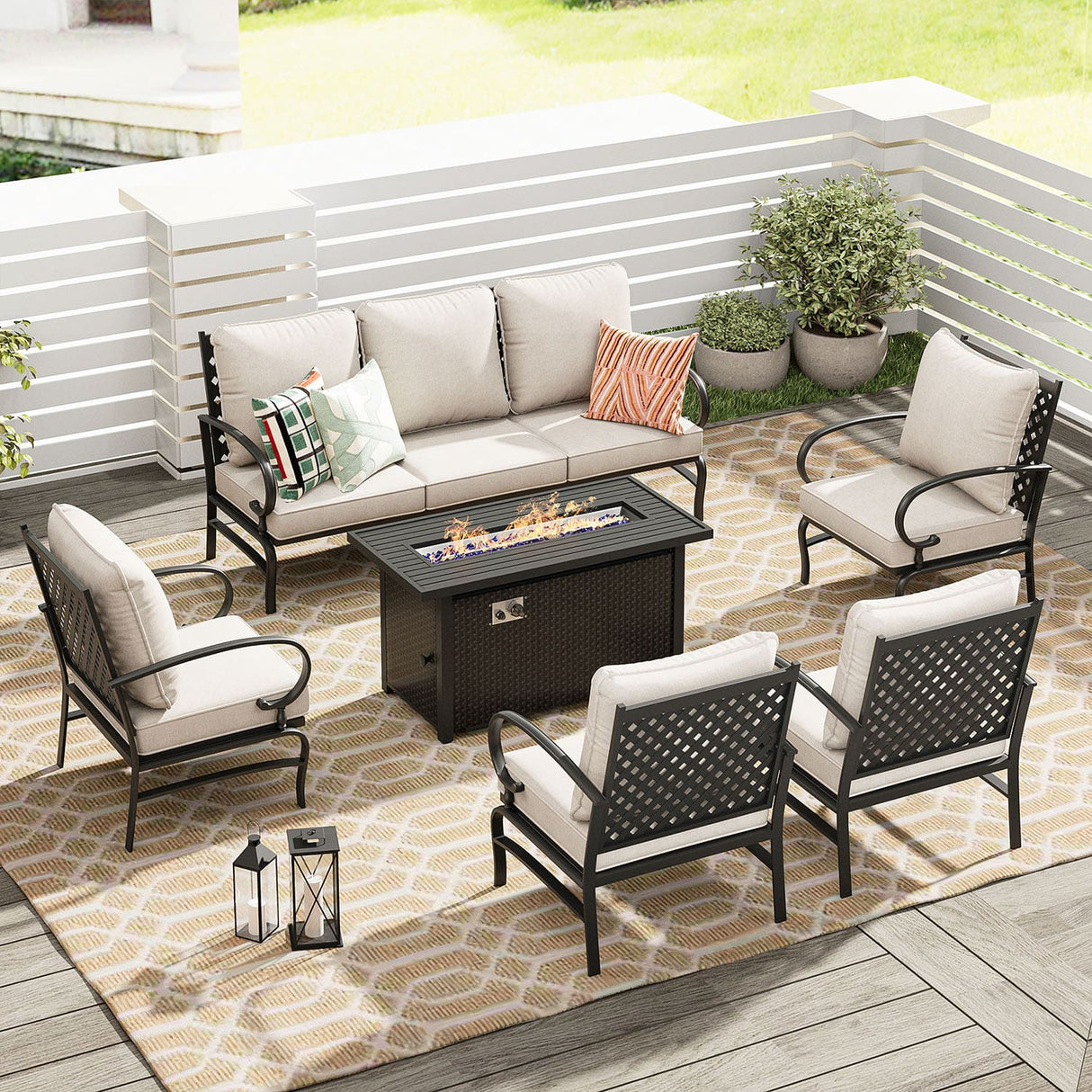 Vicllax 6-Piece Outdoor Patio Conversation Sofa Set with Cushioned Sofa Chairs and Metal Rectangular Fire Pit