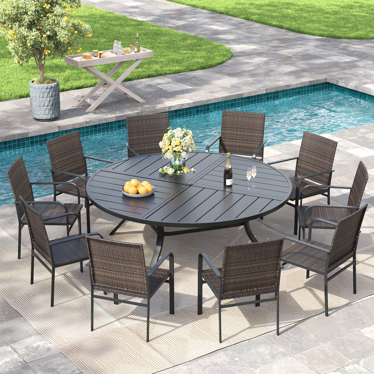 Vicllax 11 Pieces Outdoor Dining Set, 60" Outdoor dining Table and 10 Stackable Metal Armchair, Bistro Set for Garden, Balcony & Backyard