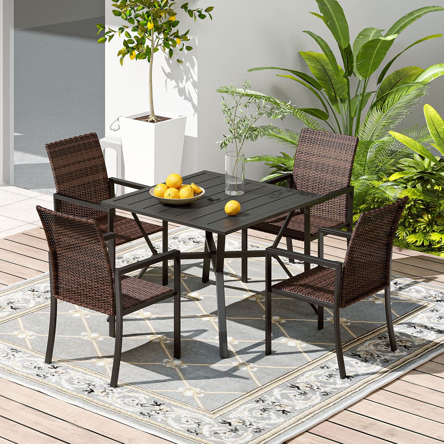 Vicllax 5-Piece Patio Dining Set, Outdoor Wicker/Textilene Furniture Set