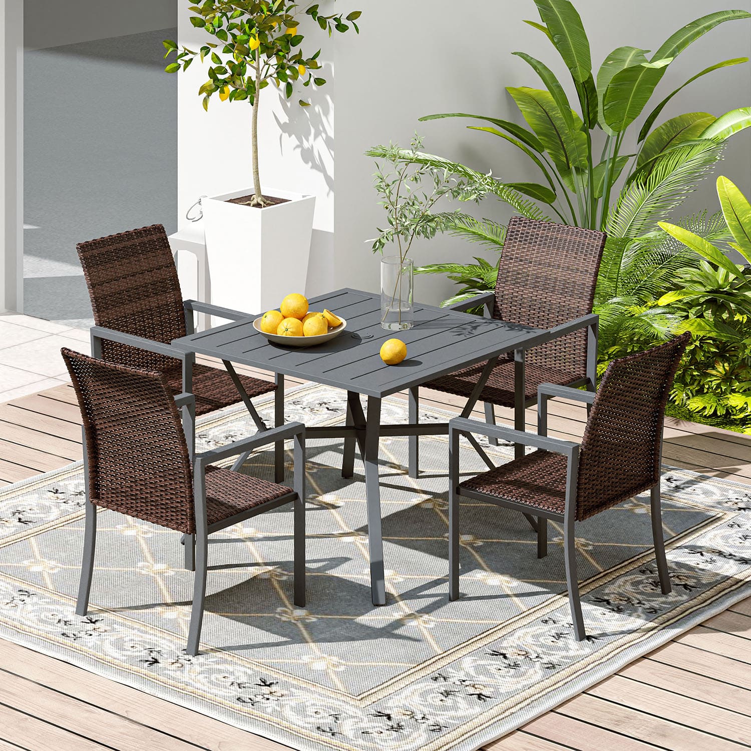 Vicllax 5-Piece Patio Dining Set, Outdoor Wicker/Textilene Furniture Set
