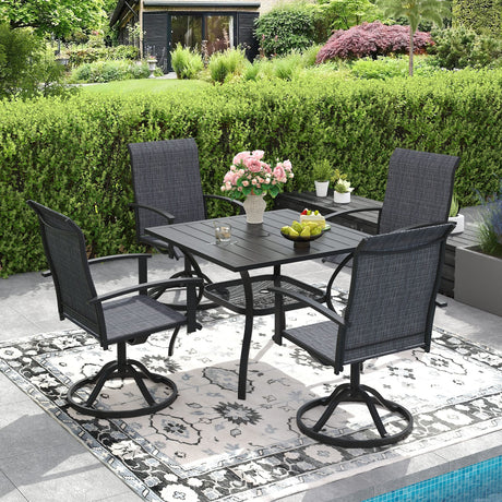 Vicllax 5 Pcs Outdoor Dining Set, Square Metal Table with Storage Shelf and 4 Swivel Chairs