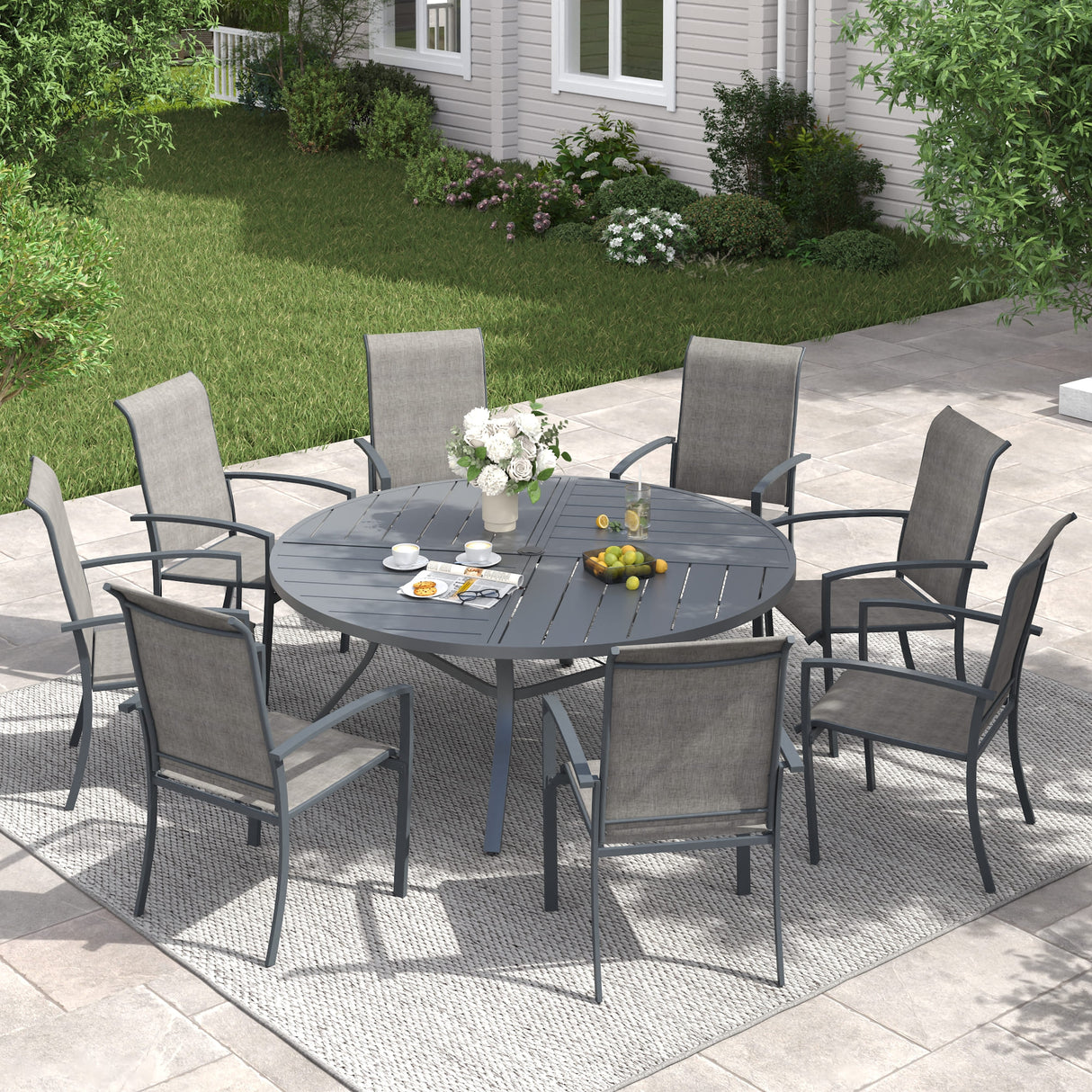 Vicllax 9 PCS Patio Dining Table Set, 53" Round Metal Table with Shelf and Skyline Stackable Chair
