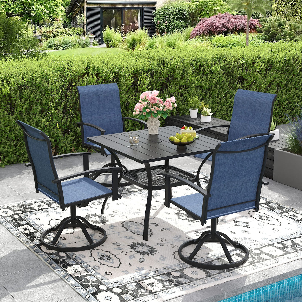 Vicllax 5 Pcs Outdoor Dining Set, Square Metal Table with Storage Shelf and 4 Swivel Chairs