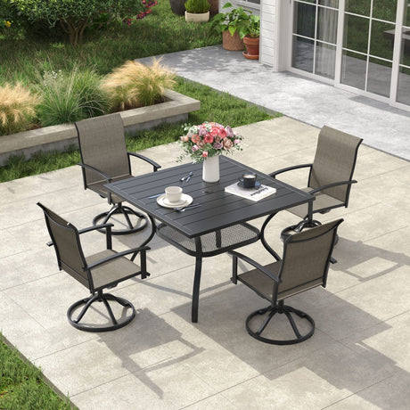 Vicllax 5 Pcs Outdoor Dining Set, Square Metal Table with Storage Shelf and 4 Swivel Chairs