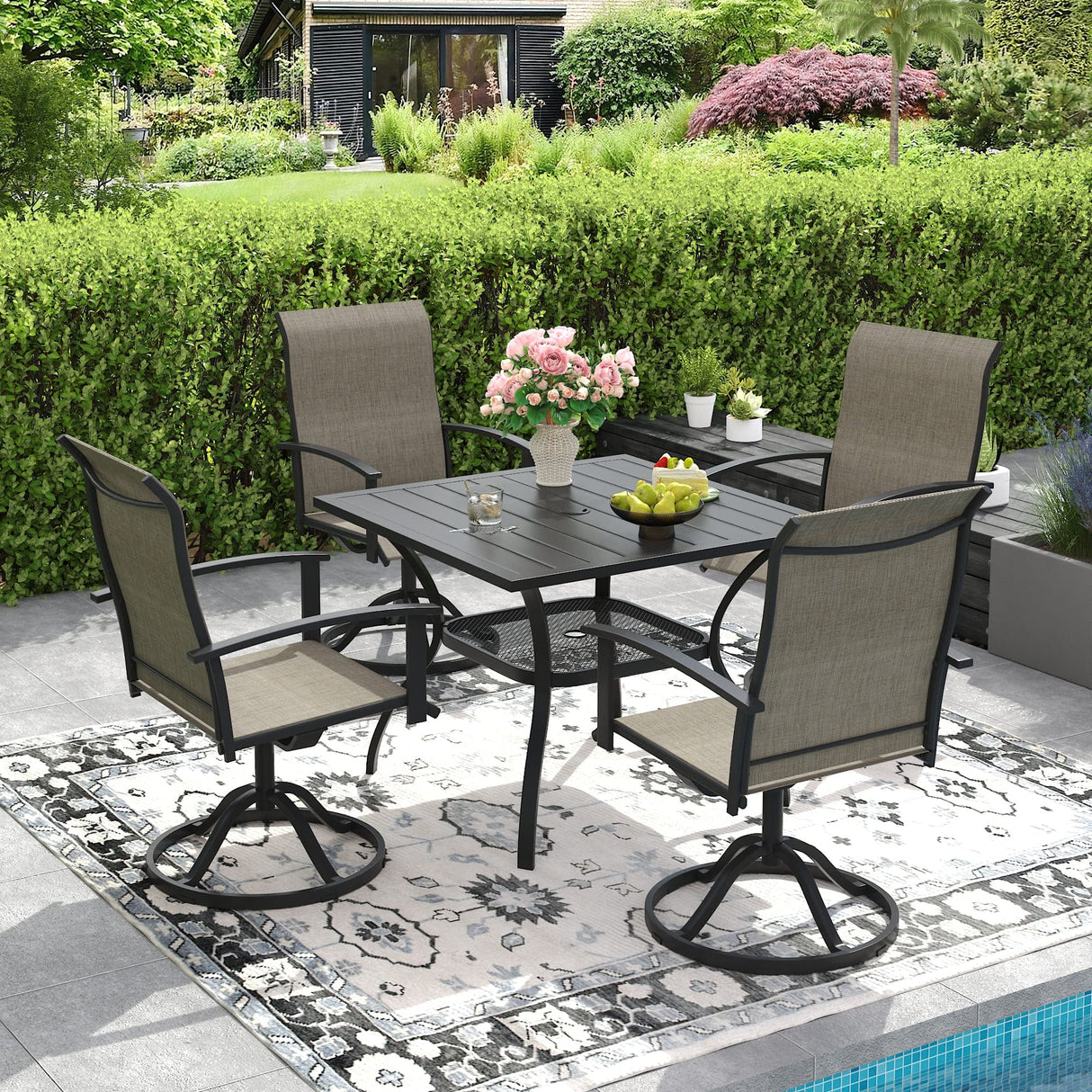 Vicllax 5 Pcs Outdoor Dining Set, Square Metal Table with Storage Shelf and 4 Swivel Chairs