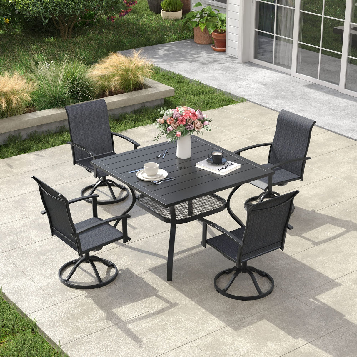 Vicllax 5 Pcs Outdoor Dining Set, Square Metal Table with Storage Shelf and 4 Swivel Chairs