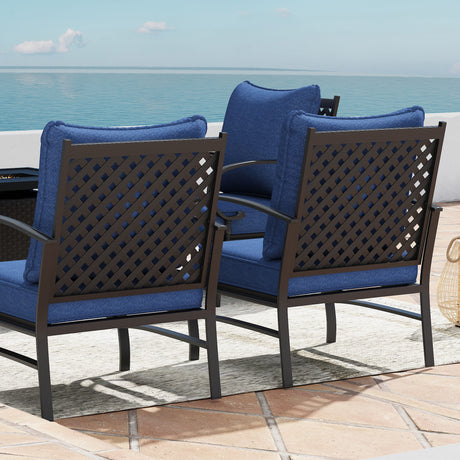 Vicllax Outdoor Patio Conversation Sofa Set with Cushioned Sofa Chairs, Ottomans and Metal Rectangular Fire Pit, Blue