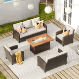 Vicllax Patio Furniture Set, Wicker Outdoor Conversation Set with Cushioned Sofa Chairs Fire Pit Table and Ottomans