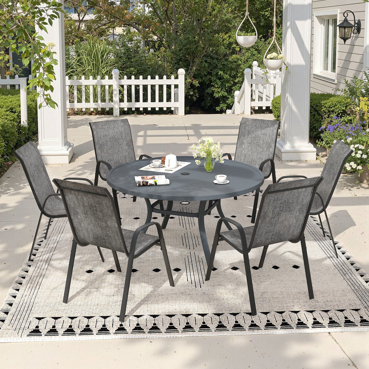 Vicllax 7 Pieces Outdoor Dining Set, 47.2"Round Table and Horizon Stackable Chair