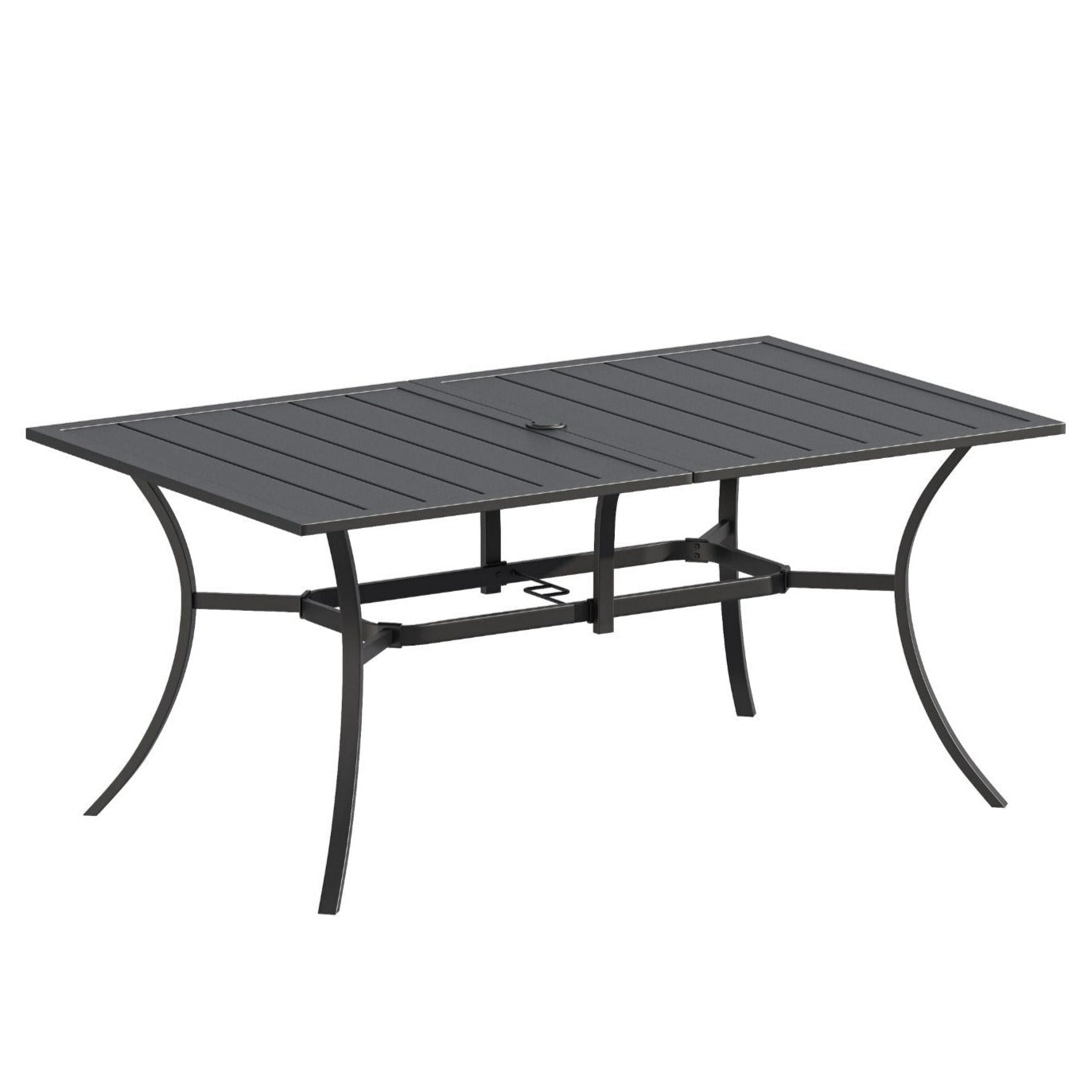 Vicllax Mesa de comedor de exterior para 6 personas, mesa de listones de acero curvado de metal para patio con orificio para sombrilla