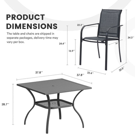 Vicllax Juego de comedor para exterior de 5 piezas con mesa cuadrada de metal de 42" y sillas de textileno 
