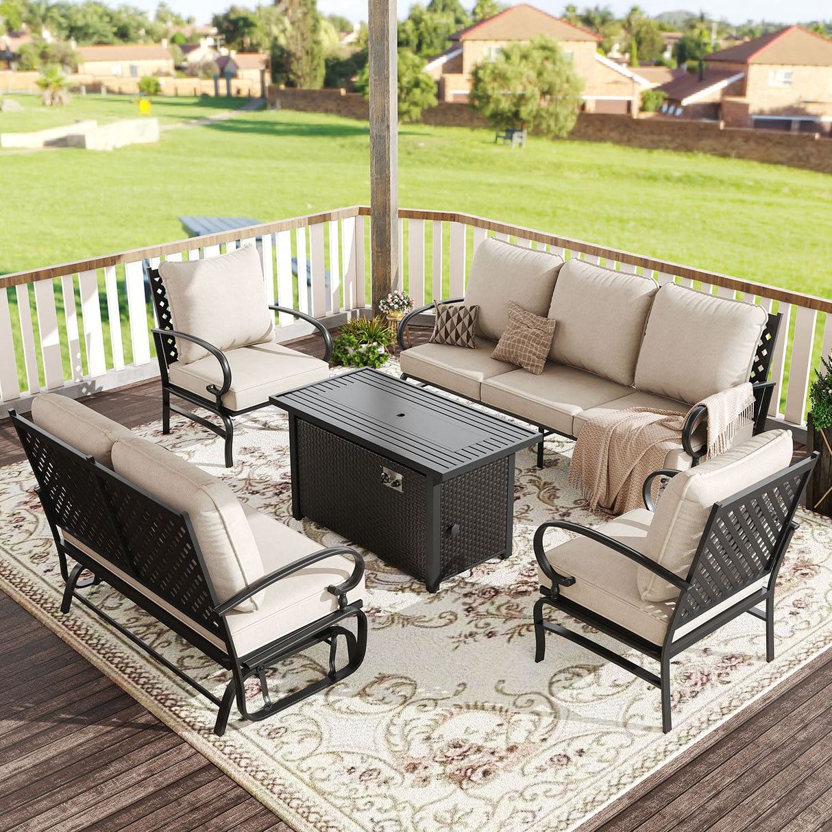 Vicllax 5-Piece Outdoor Patio Conversation Sofa Set With Metal Rectangular Fire Pit Table