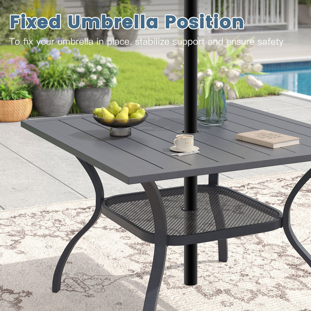 Vicllax 5 Pcs Outdoor Dining Set, Square Metal Table with Storage Shelf and 4 Swivel Chairs