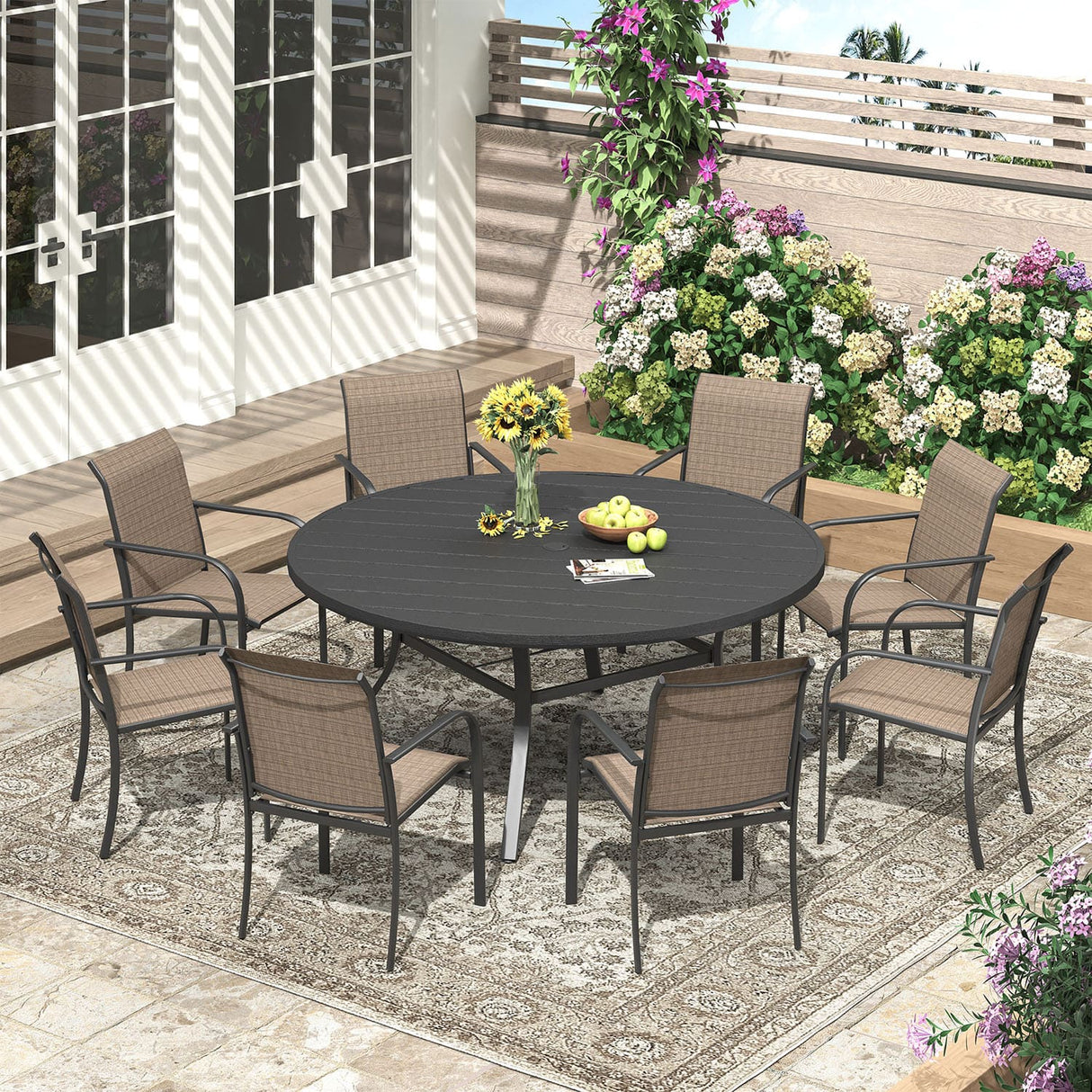 Vicllax Outdoor Plastic Top Patio Wood-Like Grain Round Dining Table for 4/6/8