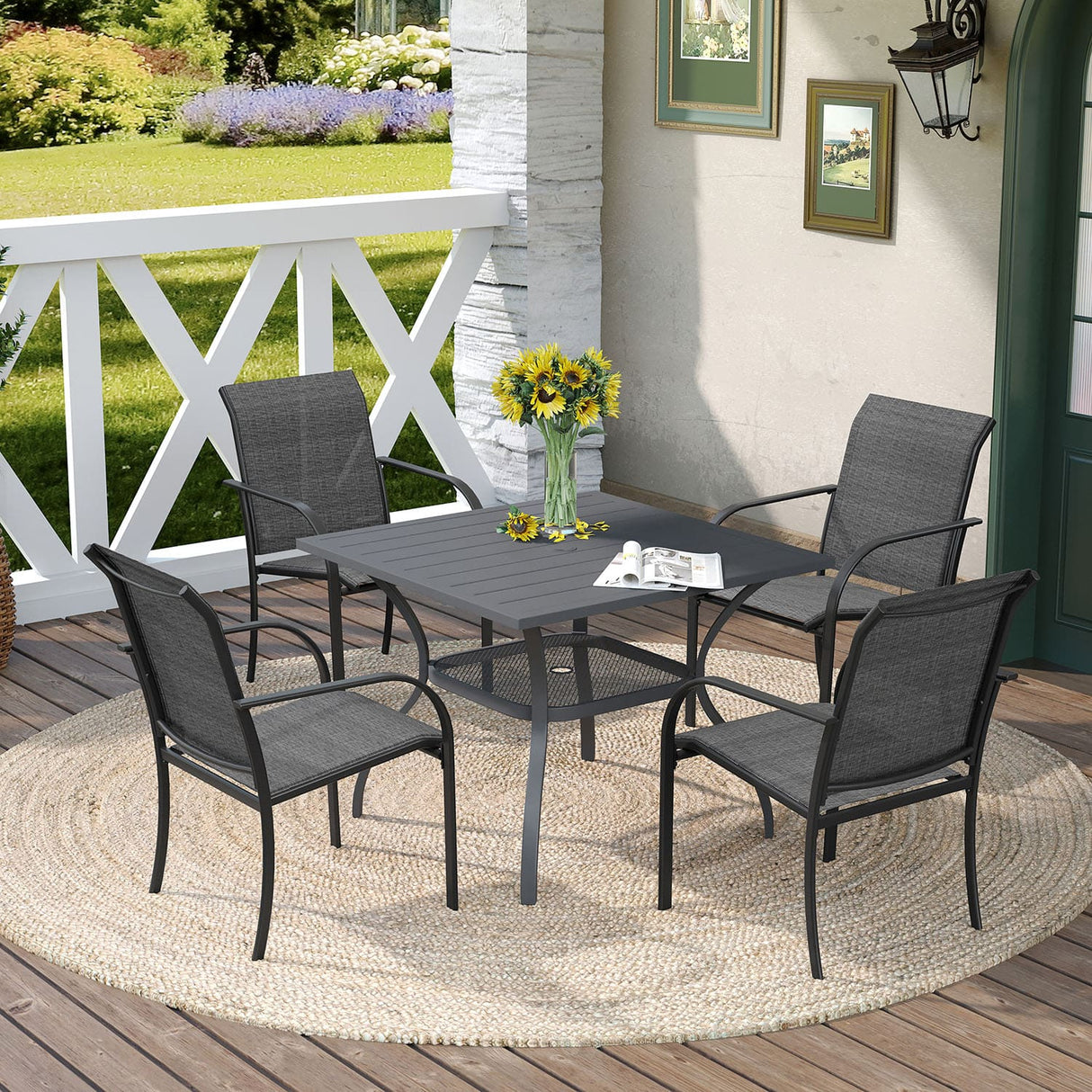 Vicllax 5 Pieces Outdoor Dining Set, 37.8" Square Metal Table and Stackable Sling Chairs
