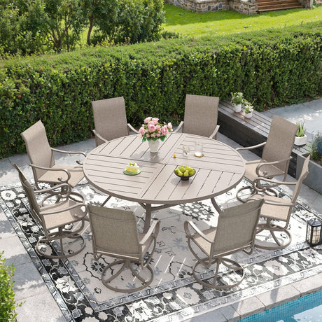 Vicllax 59.8" Patio Round Dining Table Set of 8, Metal Dining Table and Swivel Dining Chairs
