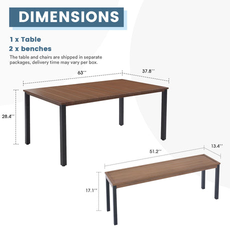 Vicllax Juego de banco y mesa de comedor rectangular de metal para exterior, 3 piezas