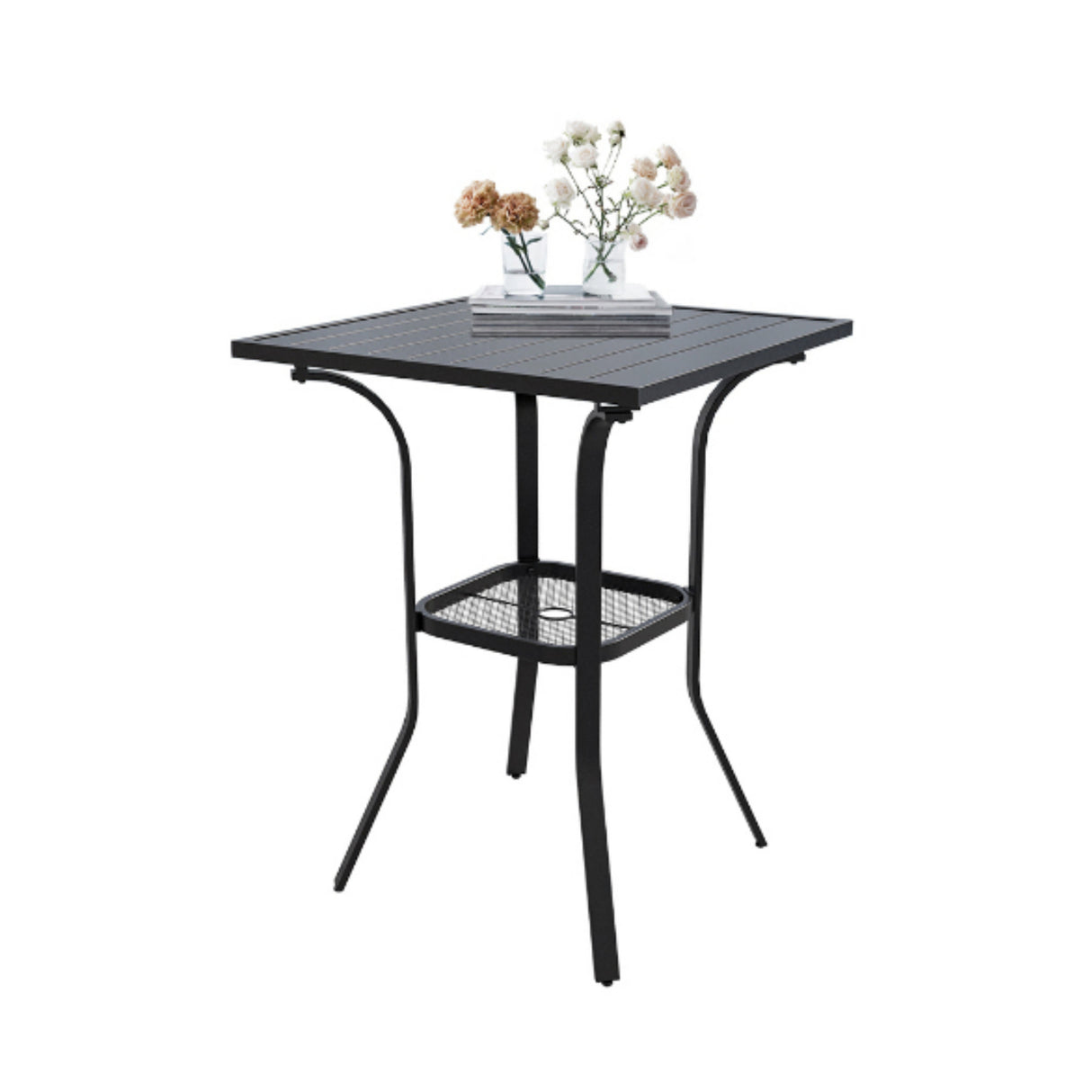 Vicllax Mesa de bar para exteriores con orificio para sombrilla, mesa cuadrada de altura con barra de metal para patio 