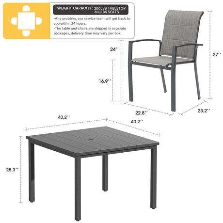 Vicllax 5 Pieces Outdoor Dining Set with 40" Square Table and Padded Stackable Chairs