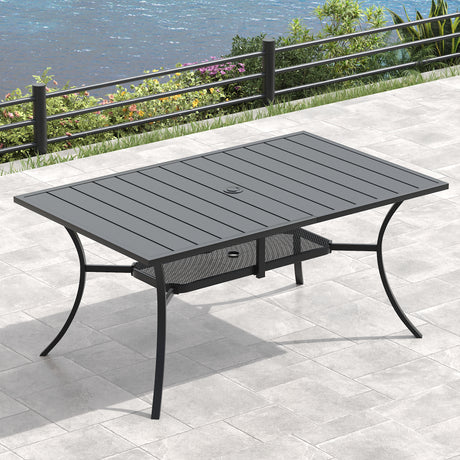 Vicllax Outdoor Dining Table for 6, Patio Metal Curved Steel Slat Table with Umbrella Hole