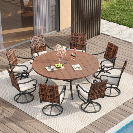 Vicllax 9 PCS Patio Dining Table Set, 63" Round Metal Table and Sierra Swivel Chair