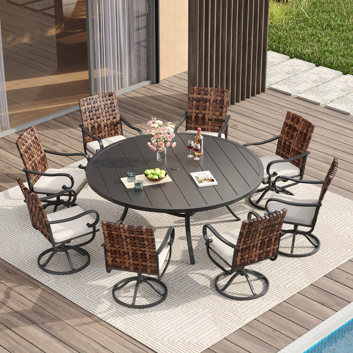 Vicllax 9 PCS Patio Dining Table Set, 63" Round Metal Table and Sierra Swivel Chair