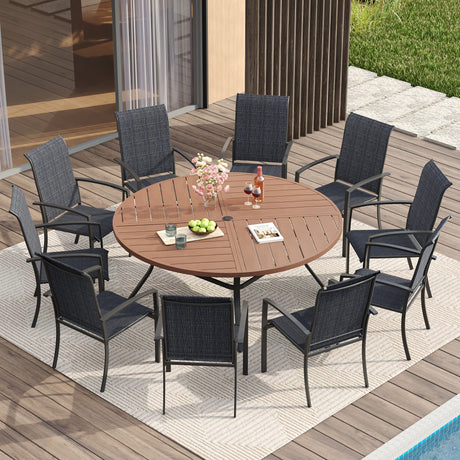 Vicllax 11 PCS Patio Dining Table Set, 60" Round Metal Table with Shelf and Skyline Stackable Chair